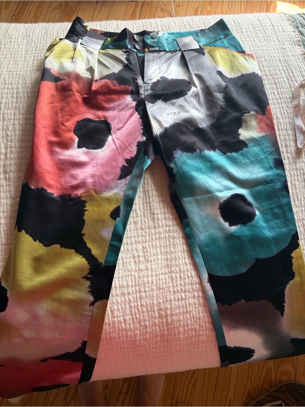 Etro women’s silk/cotton  Floral Watercolor Pants in Teal, Coral, Yellow, Black